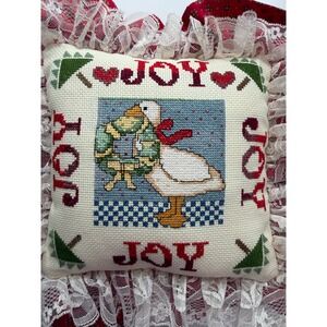 VTG Cross Stitch Christmas Goose Pillow Small Red Joy Lace Ruffle Cottagecore